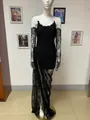 Elegant black lace evening dress with beaded details and matching sleeves on a mannequin - S / Strapless Dress (With Sleeves) / Black