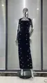 Elegant black halter bandage maxi dress with sparkling rhinestone floral patterns. - S / Top And Bottom / Black
