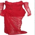 Elegant red lace off-shoulder evening gown with matching sleeves and beaded detail - L / Strapless Dress (With Sleeves) / Red
