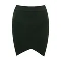 Close-up of black bandage mini skirt featuring a crossover wrap hem design - XS / Bottoms / Black