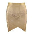 Close-up of a gold metallic crossover bandage mini skirt for a sexy evening look - XS / Bottoms / Gold