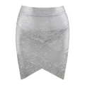 Close-up detail of silver metallic bandage mini skirt featuring a stylish cross-front design - XS / Bottoms / Silver