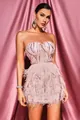 Detail showing pink sequin bodice and fluffy feather skirt of a strapless cocktail dress - XS / Pink