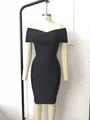 Elegant black off-shoulder bandage bodycon dress displayed on a professional mannequin - XS / Top And Bottom / Black