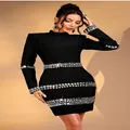 Detail view of black bandage dress featuring sparkling rhinestone bands and high collar. - XS / Tops / Black