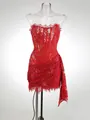 Elegant red lace corset mini dress featuring sheer panels and long draped side detail - Red