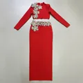 Set bandage due pezzi rosso con decorazioni floreali in strass pesante per feste - Taglia S / Sopra e Sotto / Rosso