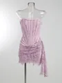 Detailed view of lavender lace corset dress with side streamer and boning - Light Purple
