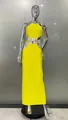 Detail of lemon yellow halter dress with rhinestone cutouts and maxi length. - XS / Top And Bottom / Lemon Yellow