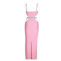 Elegant sleeveless pink bodycon bandage midi dress with waist cut-out and a back slit detail. - Top And Bottom / S / Pink/Green Patchwork