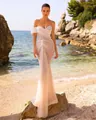 Elegant off-the-shoulder sequin beaded evening dress for weddings and gala events - S / Off White