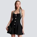 Close-up detail of black halter neck dress with crystal-beaded straps and large buttons - XS / Tops / Black