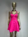 Front view of a hot pink halter A-line party dress with silver beading on a mannequin - XS / Tops / Deep Pink