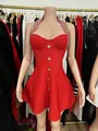 Red halter neck party dress with rhinestone trim and silver buttons shown on mannequin - XS / Tops / Red