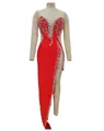 Elegante abito da sera rosso con strass, perline, spacco alto e dettagli in rete - Taglia S / Sopra e Sotto / Rosso