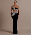Conjunto de dos piezas de vestido de fiesta negro con apliques de pedrería plateada - XS / Top Y Pantalón / Negro
