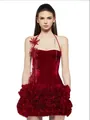 Elegant deep red velvet halter neck mini dress featuring a voluminous 3D floral ruffle hemline - XS / Top And Bottom / Velvet Red