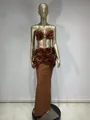 Conjunto de dos piezas marrón con top floral 3D y falda larga bandage a juego - XS / Top Y Pantalón / Marrón Oscuro