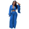 Elegant royal blue two-piece outfit with long ruffled sleeves and flared high-waisted pants - Blue