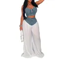 Ensemble deux pièces sexy avec haut corset en jean et pantalon large plissé blanc - S / Haut et Bas (AL357) / Bleu