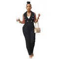 Ensemble de bureau 2 pièces noir pour femme avec blazer sans manches à boutons dorés - S / Haut et Bas / Noir