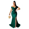Elegant dark green off-shoulder maxi dress with high thigh slit for formal events. - S / Tops / Green