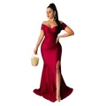 Elegant wine red off-the-shoulder evening dress with high slit and V-neck detail - S / Tops / Red