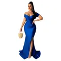 Elegant royal blue off-the-shoulder evening gown with high slit and mermaid silhoutte - S / Tops / Blue