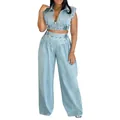 Ensemble deux pièces en jean sans manches avec gilet court et pantalon large - S / Haut et Bas / Bleu clair