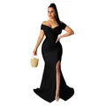 Close-up view of a sexy elegant black off-shoulder evening dress with high leg slit - S / Tops / Black