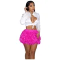 Ensemble chemise courte blanche à plumes et mini-jupe sexy en plumes de dinde rose - S / Bas / Rose rouge