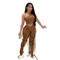 Detail of sexy two-piece brown faux leather set with tassels and lace-up pants. - S / Top And Bottom / Coffee