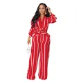 Elegant red and white striped two-piece set featuring tied-waist shirt and wide-leg pants - Red