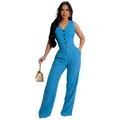 Stylish blue two-piece linen set featuring a button-up vest and wide-leg trousers - S / Top And Bottom / Blue