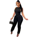 Stijlvolle zwarte tweedelige dames set met mouwloze top en broek met zijfranjes - S / Boven- En Onderstuk / Zwart