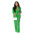 Full view of women's green and white vertical striped two-piece long sleeve shirt and pant set. - Green
