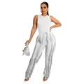 Gedetailleerde weergave van een witte mouwloze top en een broek met franjes voor dames - Wit