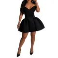 Vue complète du design de la jupe bouffante structurée sur une mini robe de soirée noire - S / Haut et Bas / Noir