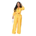Full view of women's yellow and white vertical striped two-piece shirt and wide-leg trousers set - S / Top And Bottom / Yellow