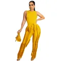Felgeel tweedelig setje met mouwloze top en modieuze broek met franjes detail - S / Boven- En Onderstuk / Geel