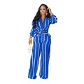 Detailed view of a stylish blue and white striped shirt and trousers two-piece set. - S / Top And Bottom / Blue