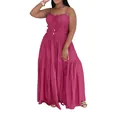 Élégante robe longue bohème rose foncé à volants avec taille froncée et bretelles - S / Haut et Bas (AL349) / Rose rouge