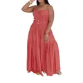 Robe maxi bohème à volants terre cuite avec bretelles fines et bustier smocké - S / Haut et Bas (AL349) / Rouge pastèque
