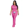 Ensemble d'été 2 pièces pour femmes, haut côtelé à manches courtes et pantalon évasé rose - Rose rouge