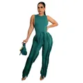 Chique tweedelige dames set met mouwloze top en broek met franjes in donkergroen - Groen