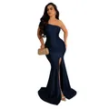Robe de soirée élégante bleu marine à une épaule avec fente haute et longueur au sol - S / Haut et Bas / Bleu marine