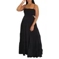 Élégante robe longue bohème noire sans manches à volants et fines bretelles pour l'été - S / Bas / Noir