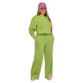 Detail view of the women's green two-piece long-sleeve casual sweatshirt and pants set. - S / Top And Bottom / Green