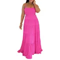 Vue détaillée d'une robe longue bohème sans manches à volants rose vif pour femmes - S / Bas / Rose rouge
