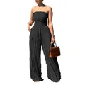 Elegant sexy black strapless pleated jumpsuit with high waist and wide leg for summer - S / Top And Bottom / Black
